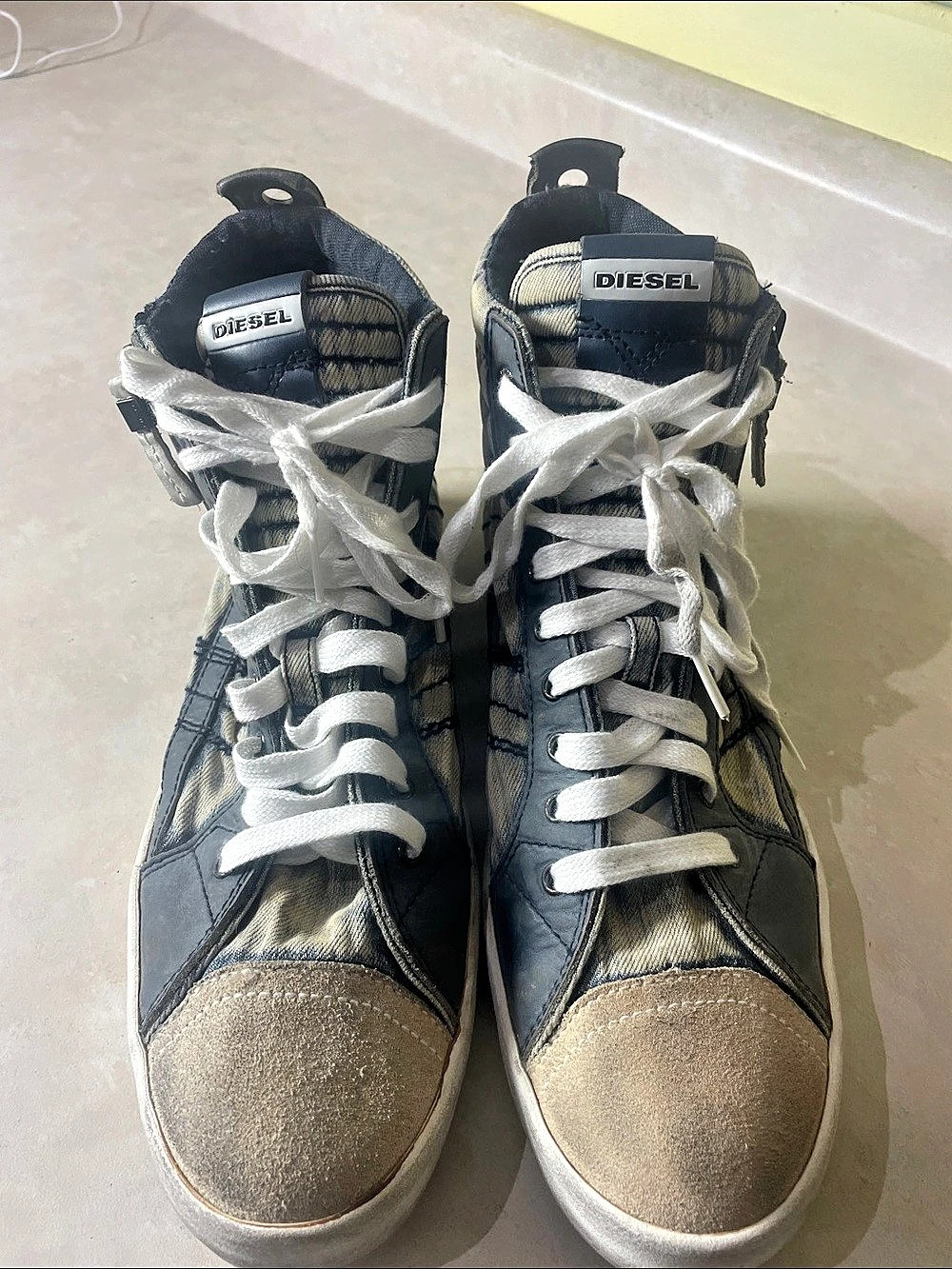 Diesel Distressed Wash High-Top Sneakers Blue & Cream Size 12